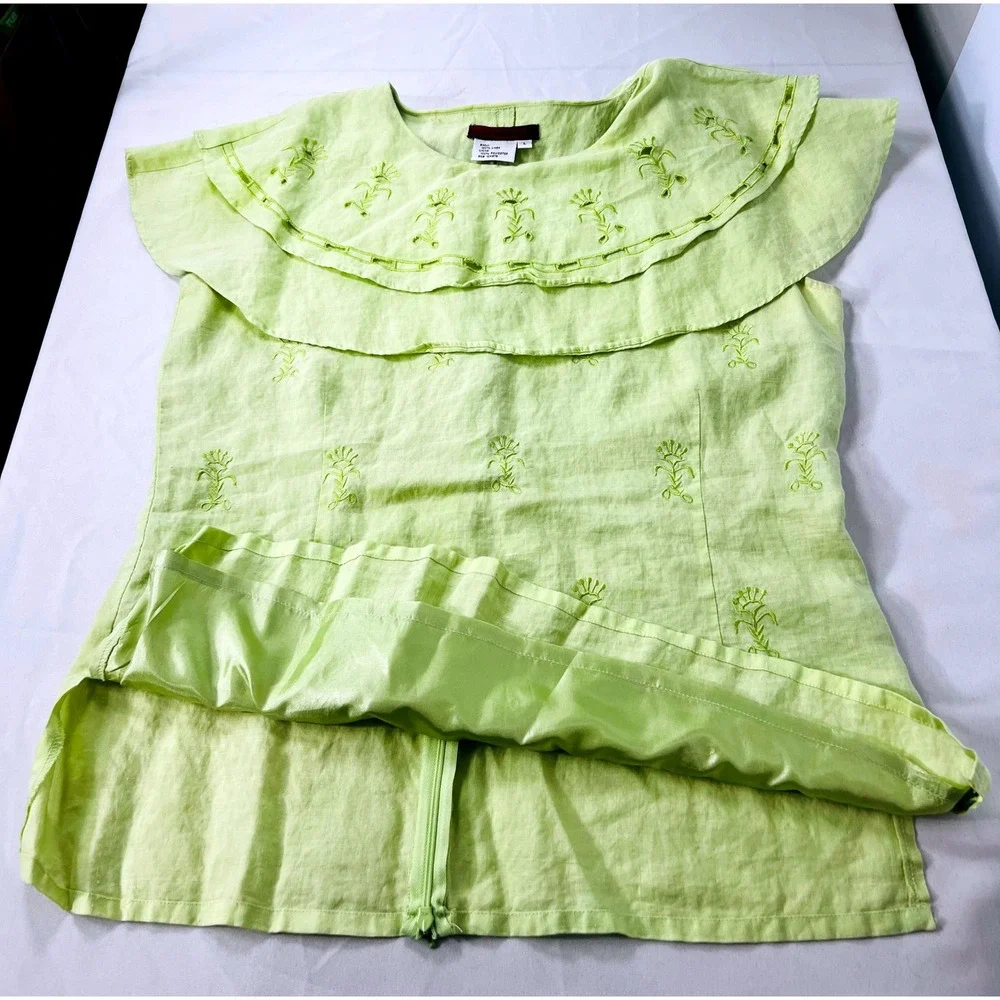 Danny Roberts‎ Linen 2 Piece Set L Lime Green Embroidered Boho Cottagecore 90s